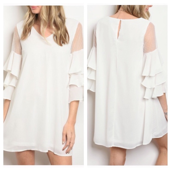 Off White Sheer Shoulder Ruffled Swing Dress Bride - Picture 2 of 4